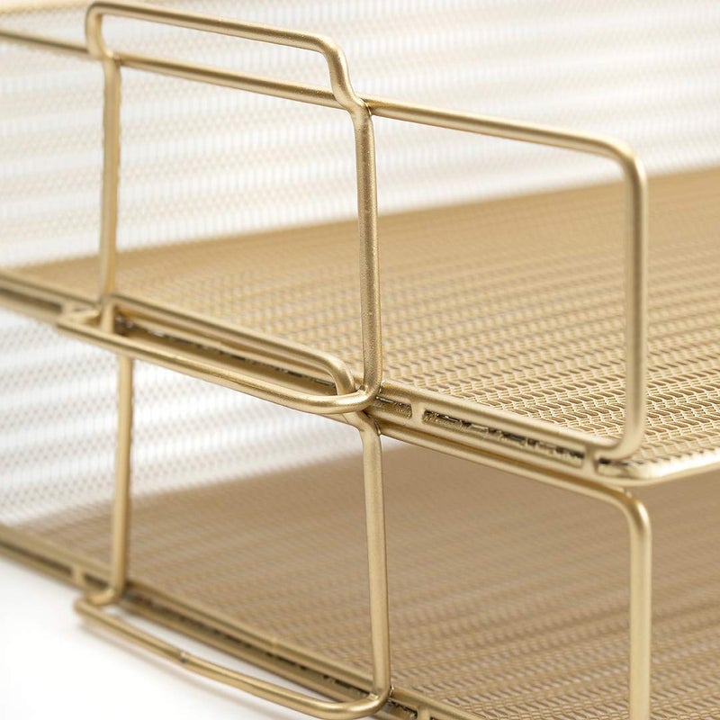 BLU MONACO Gold Mesh Paper Tray â€“ Set of 2 Stackable Letter Trays â€“ Durable Metal Desk Organizer for Home, Office & School â€“ Stylish Document Holder, File Storage, and Workspace Organizer - Image 5